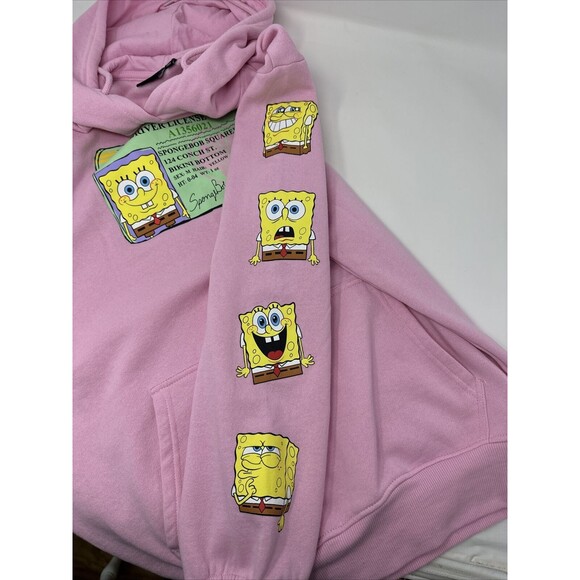 Nickelodeon Spongebob Bikini Bottom Driver's License Pink Pullover Hoodie Mens S - Picture 7 of 8